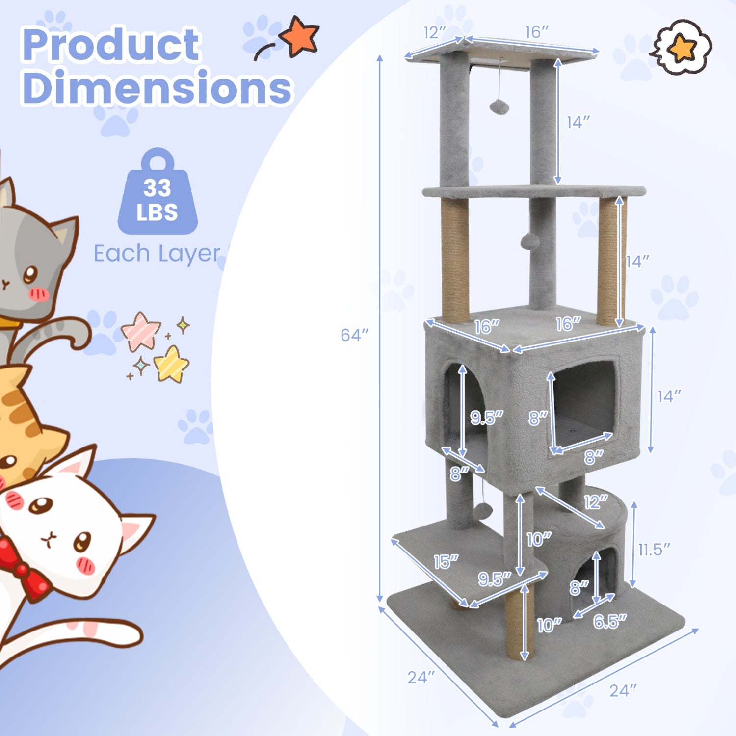 64 Inch Tall Cat Tree with 2 Large Condos and Jute Scratching Posts for Indoor Adult Cats