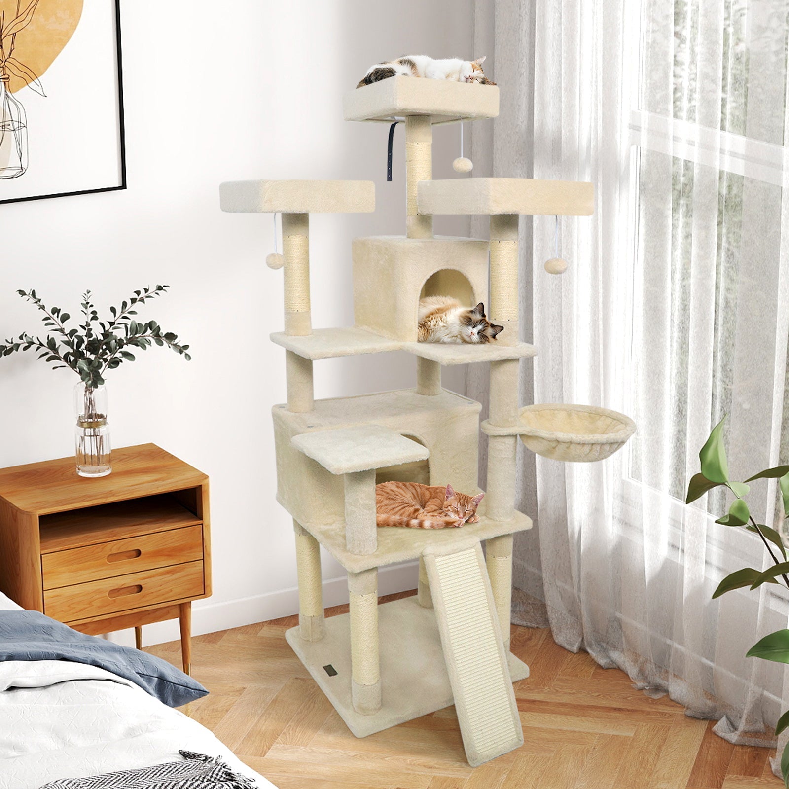 65 Inch Tall Multi-level Cat Tree with 3 Upholstered Perch and 2 Cat Condos