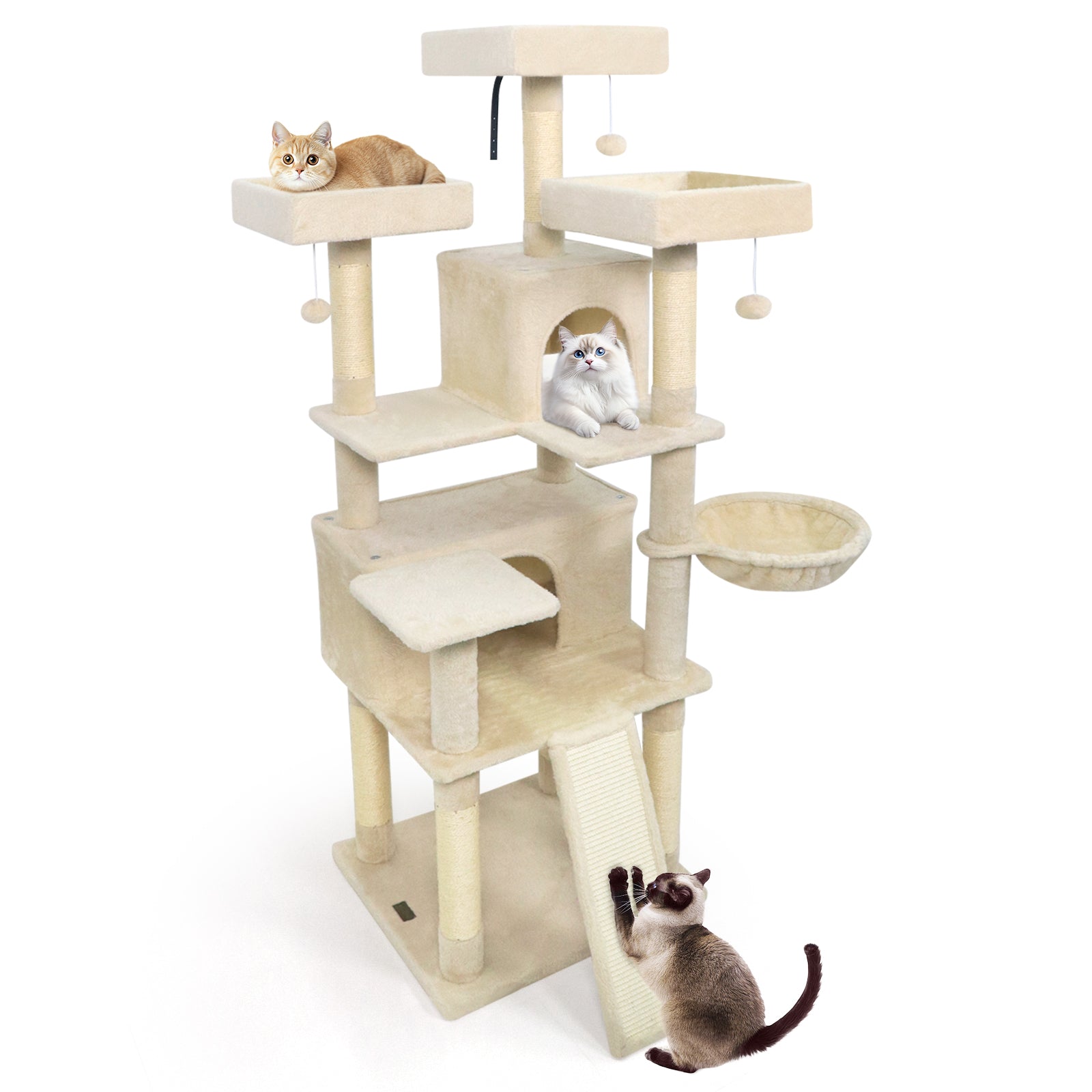 65 Inch Tall Multi-level Cat Tree with 3 Upholstered Perch and 2 Cat Condos Beige