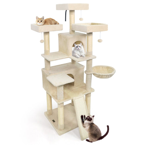 65 Inch Tall Multi-level Cat Tree with 3 Upholstered Perch and 2 Cat Condos Beige