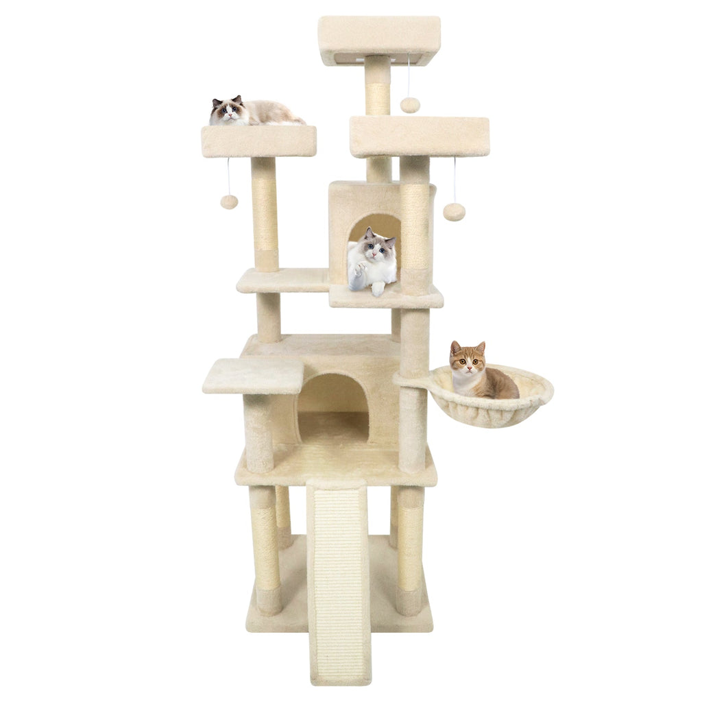 65 Inch Tall Multi-level Cat Tree with 3 Upholstered Perch and 2 Cat Condos