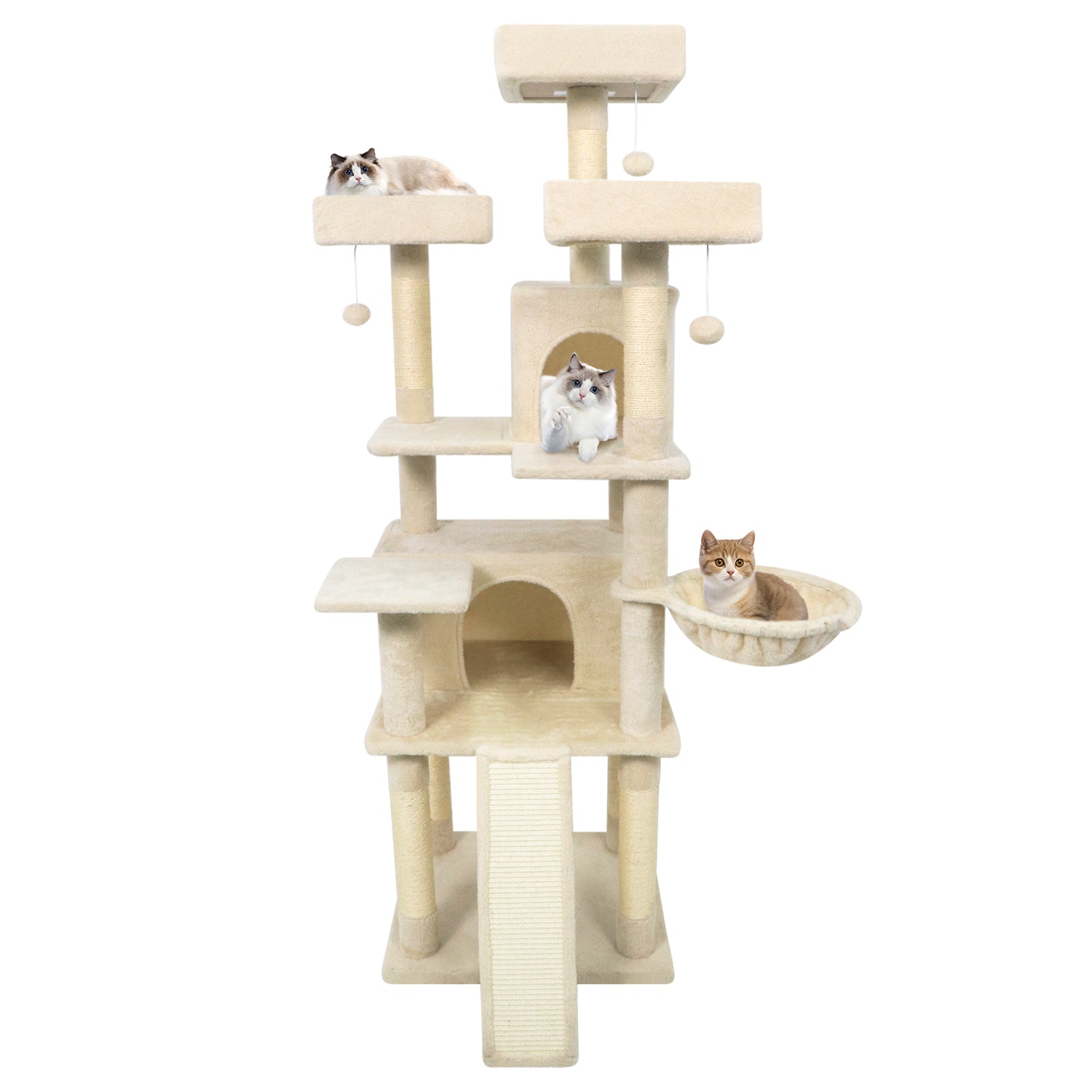 65 Inch Tall Multi-level Cat Tree with 3 Upholstered Perch and 2 Cat Condos