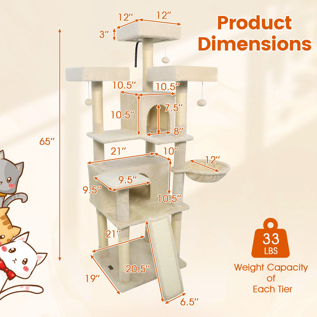 65 Inch Tall Multi-level Cat Tree with 3 Upholstered Perch and 2 Cat Condos