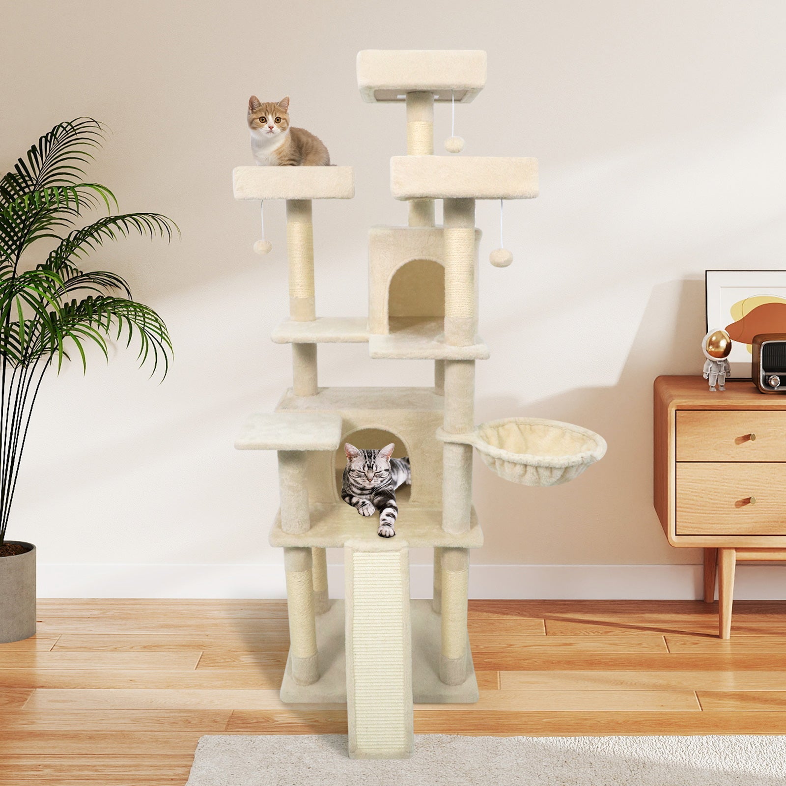 65 Inch Tall Multi-level Cat Tree with 3 Upholstered Perch and 2 Cat Condos