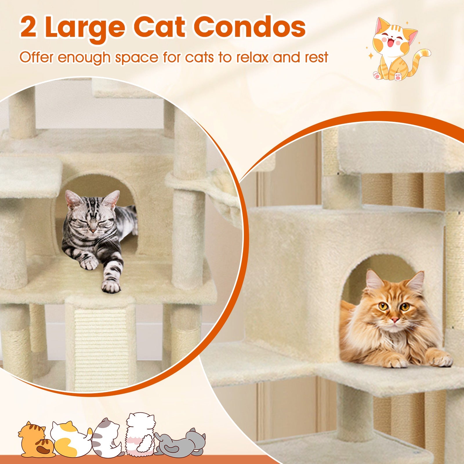 65 Inch Tall Multi-level Cat Tree with 3 Upholstered Perch and 2 Cat Condos