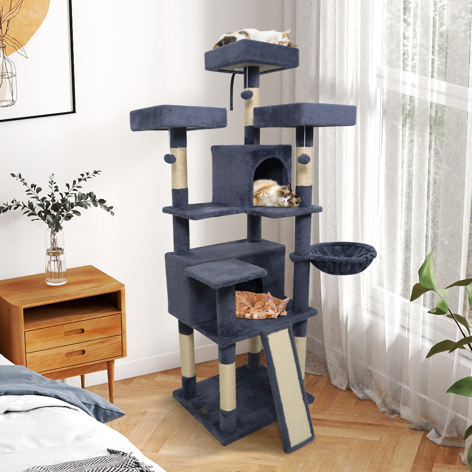 65 Inch Tall Multi-level Cat Tree with 3 Upholstered Perch and 2 Cat Condos