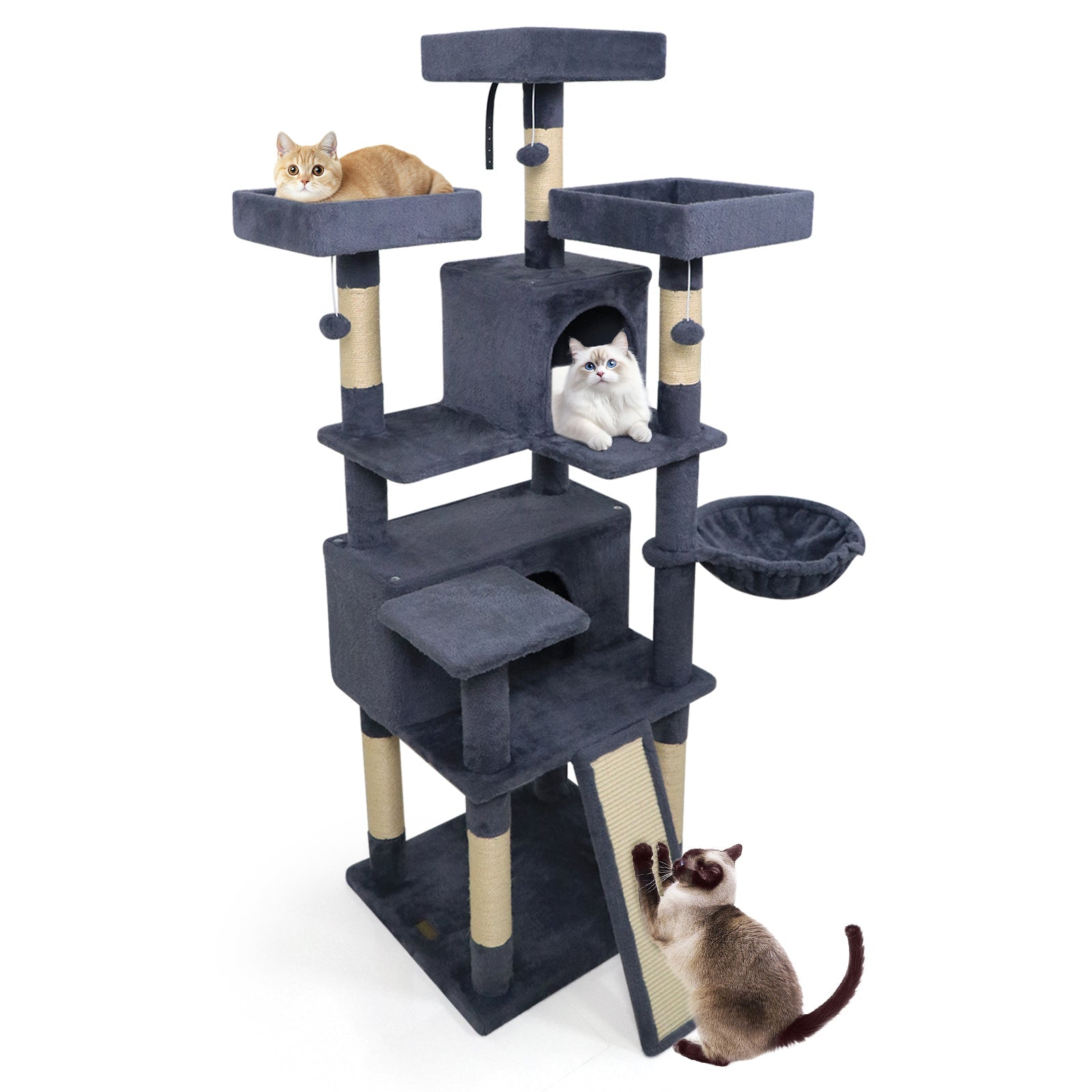 65 Inch Tall Multi-level Cat Tree with 3 Upholstered Perch and 2 Cat Condos Dark Gray