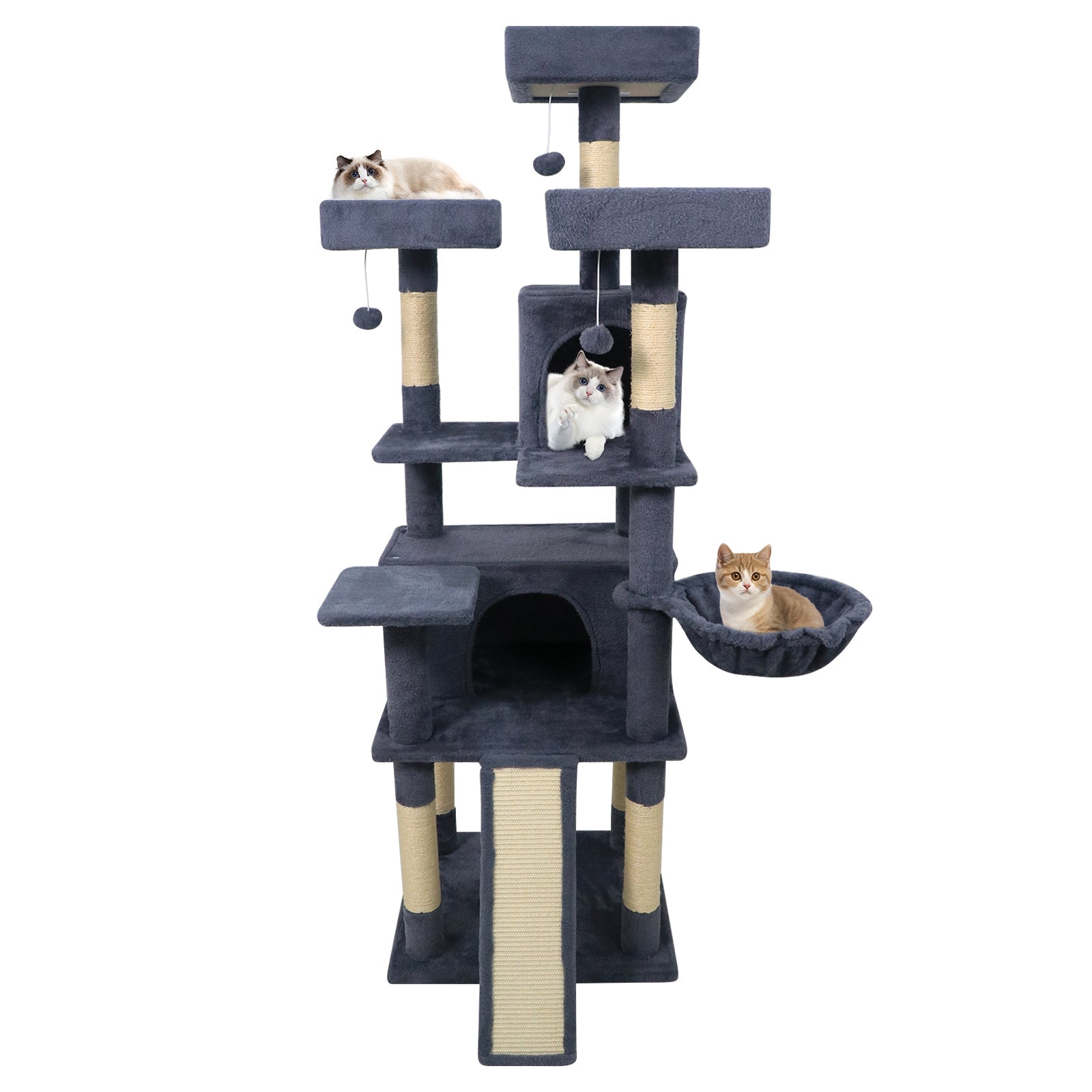 65 Inch Tall Multi-level Cat Tree with 3 Upholstered Perch and 2 Cat Condos