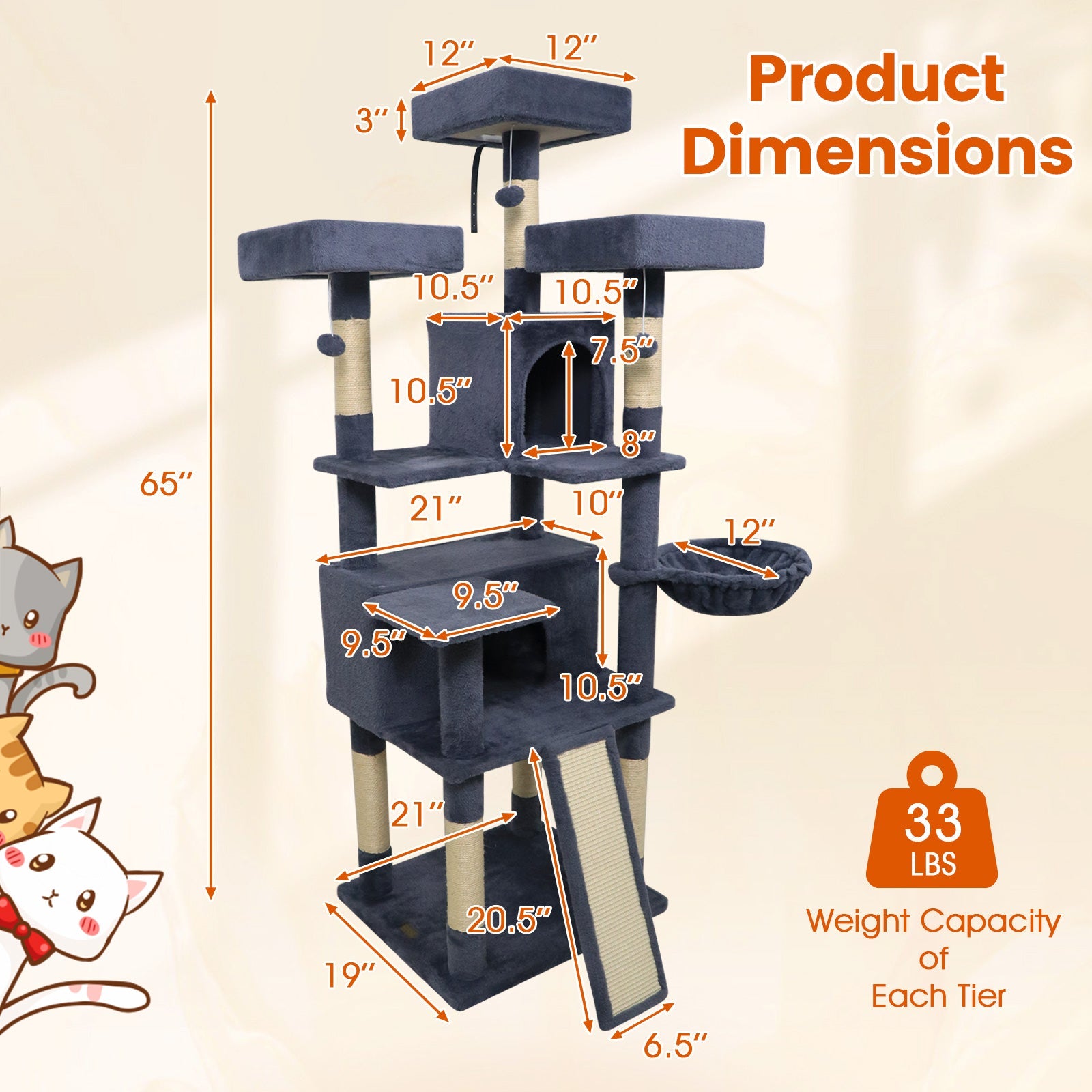 65 Inch Tall Multi-level Cat Tree with 3 Upholstered Perch and 2 Cat Condos