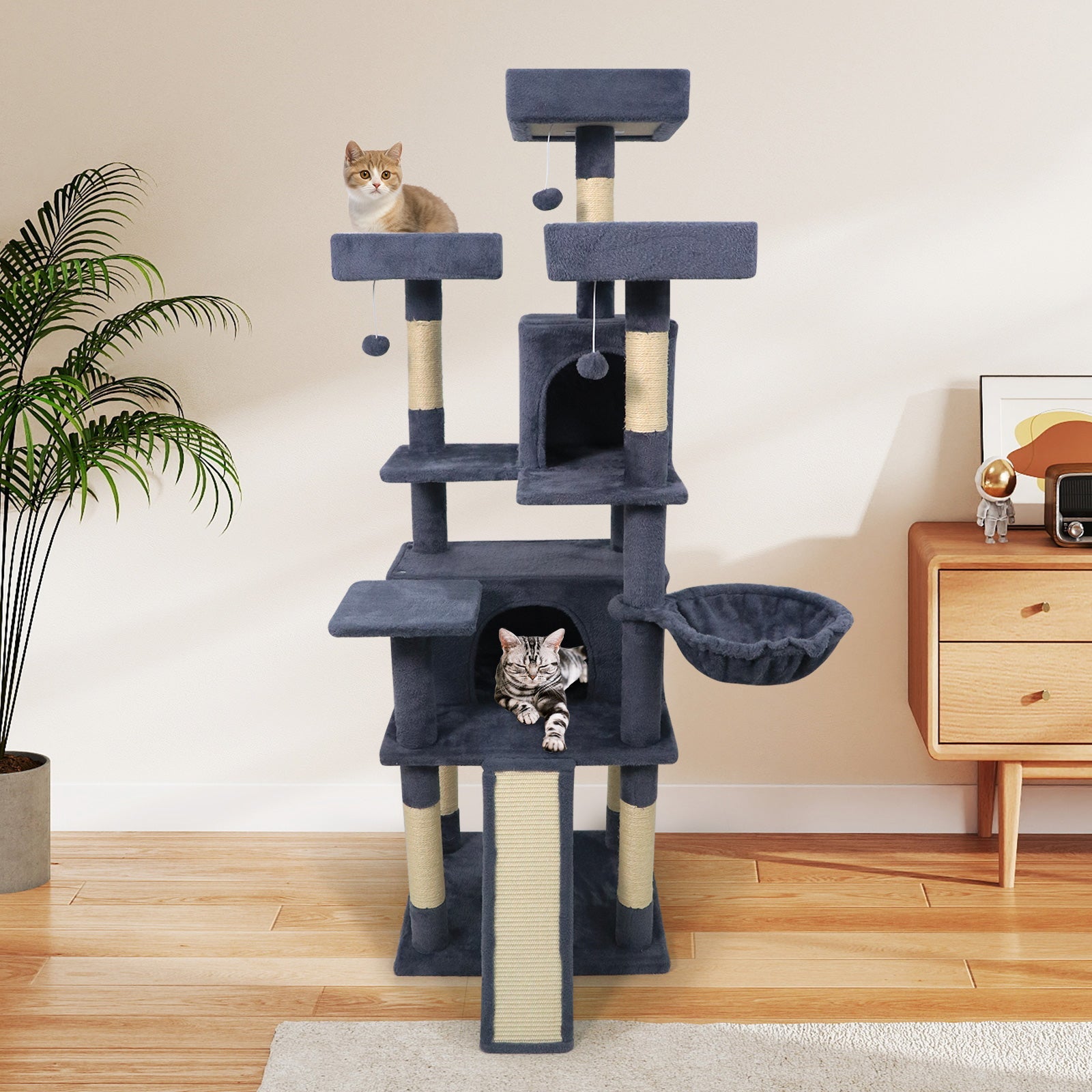 65 Inch Tall Multi-level Cat Tree with 3 Upholstered Perch and 2 Cat Condos