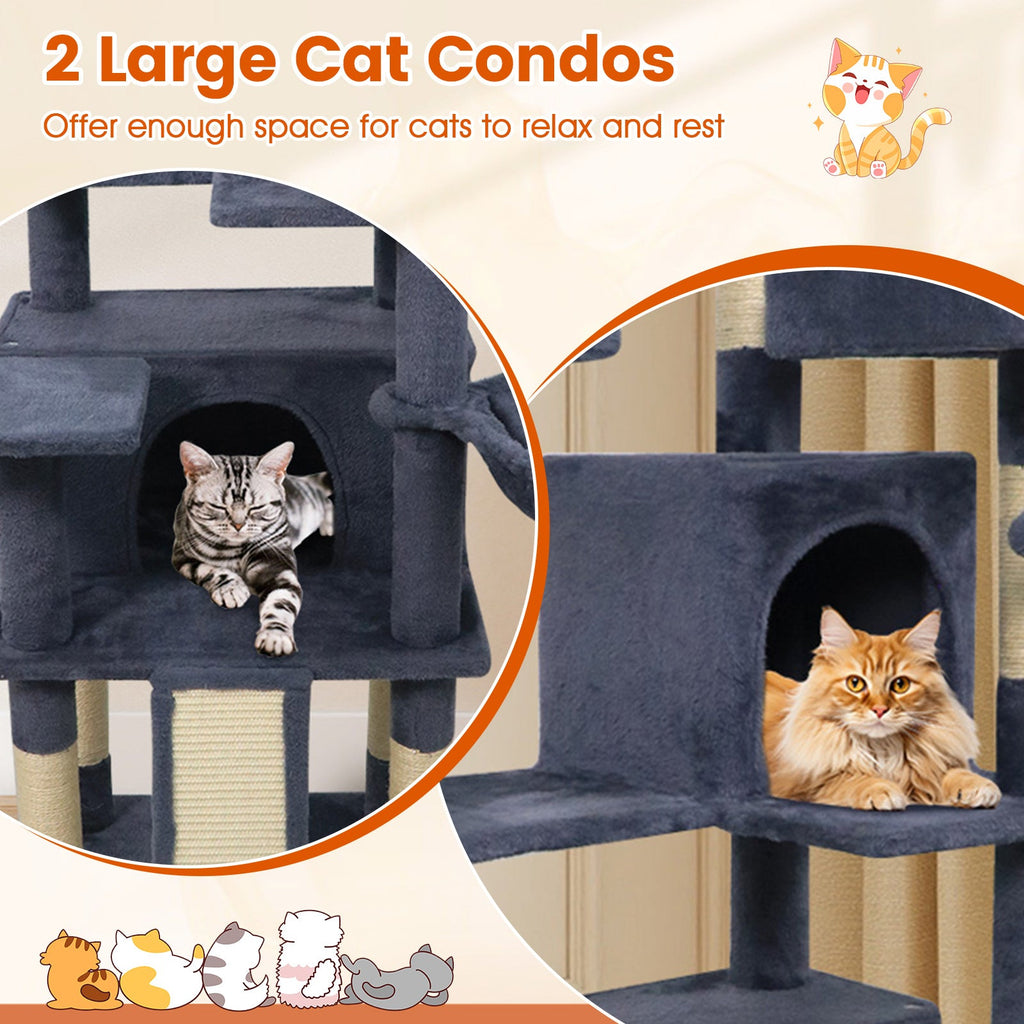 65 Inch Tall Multi-level Cat Tree with 3 Upholstered Perch and 2 Cat Condos