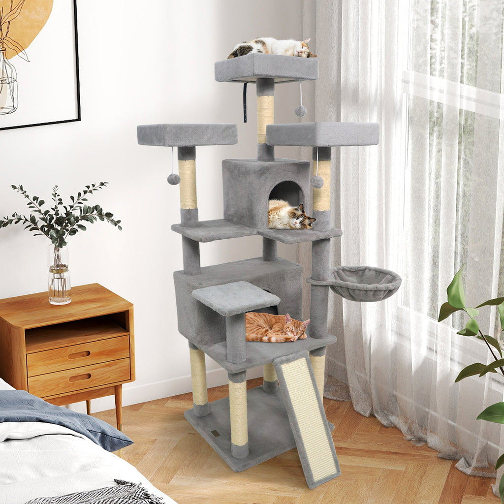 65 Inch Tall Multi-level Cat Tree with 3 Upholstered Perch and 2 Cat Condos