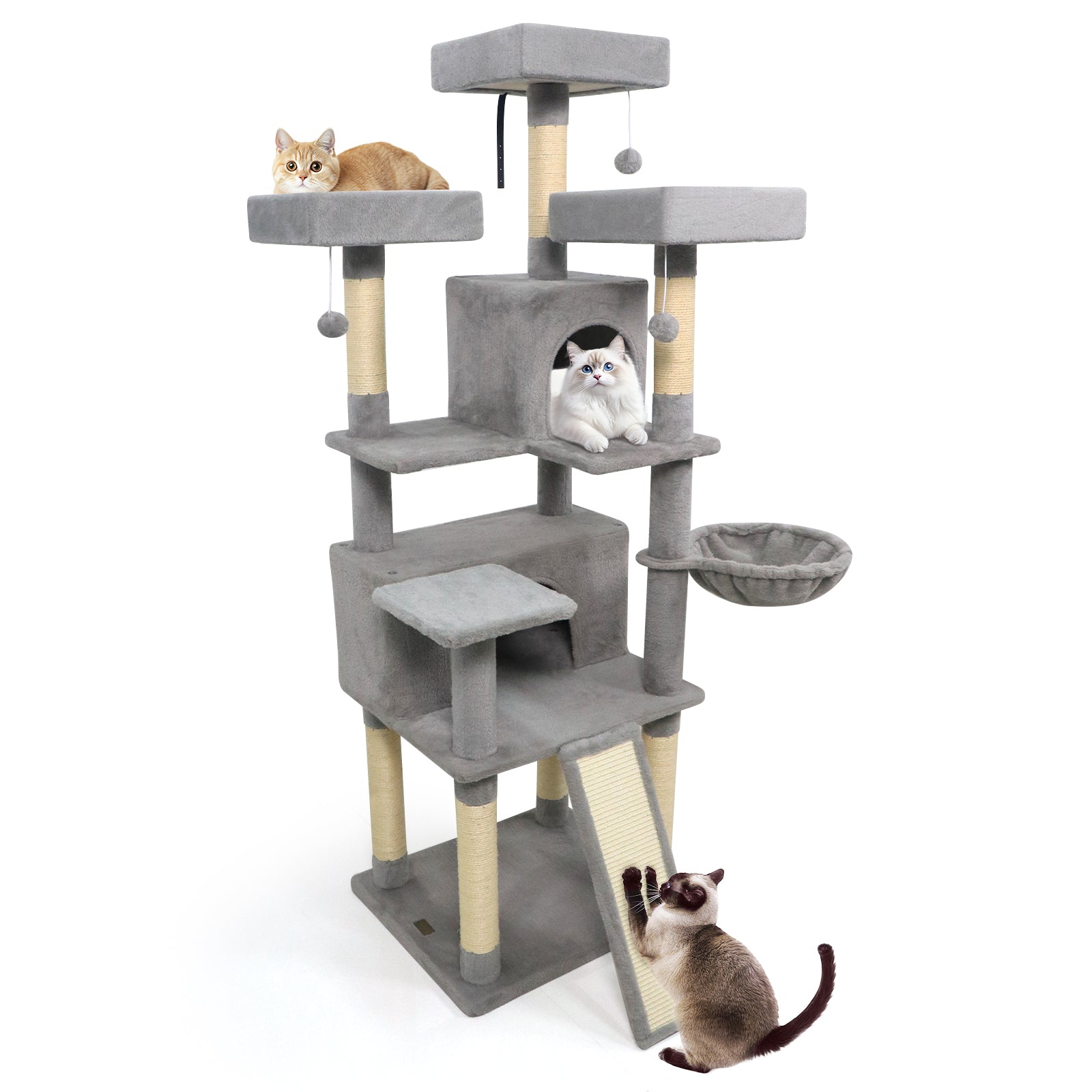 65 Inch Tall Multi-level Cat Tree with 3 Upholstered Perch and 2 Cat Condos Light Gray