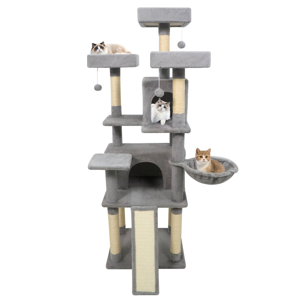 65 Inch Tall Multi-level Cat Tree with 3 Upholstered Perch and 2 Cat Condos