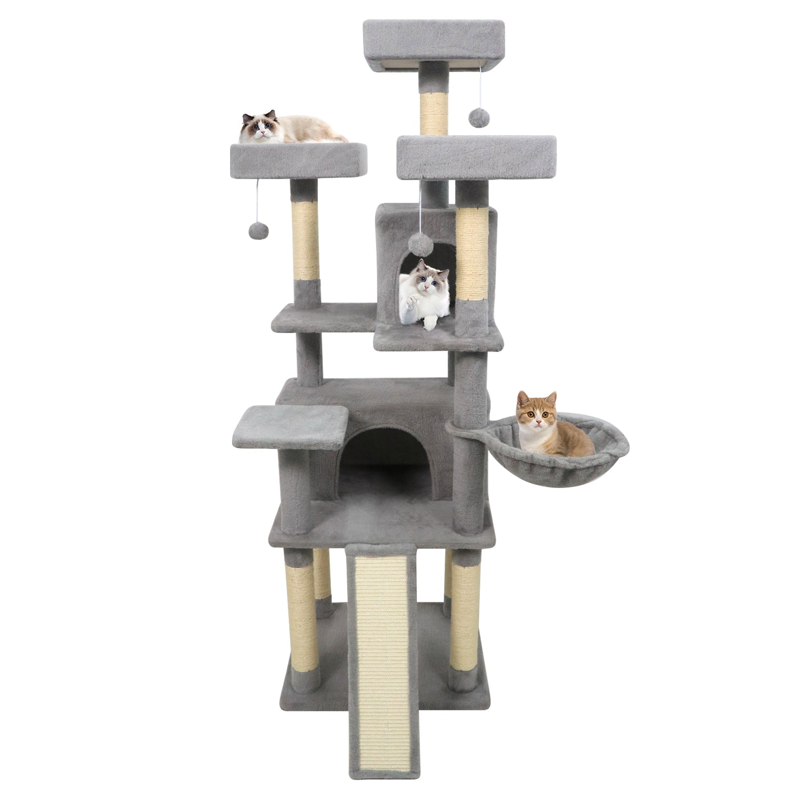 65 Inch Tall Multi-level Cat Tree with 3 Upholstered Perch and 2 Cat Condos
