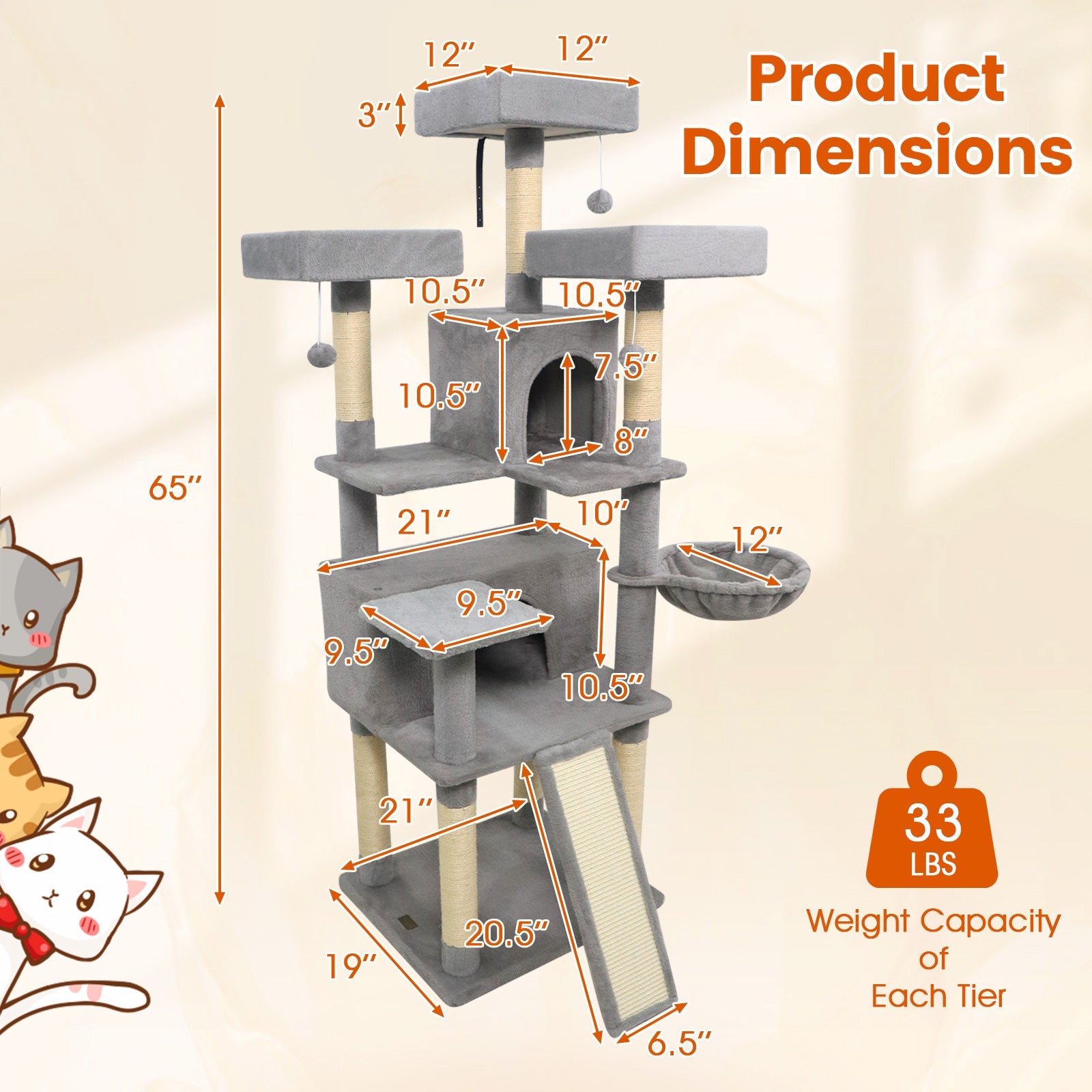 65 Inch Tall Multi-level Cat Tree with 3 Upholstered Perch and 2 Cat Condos