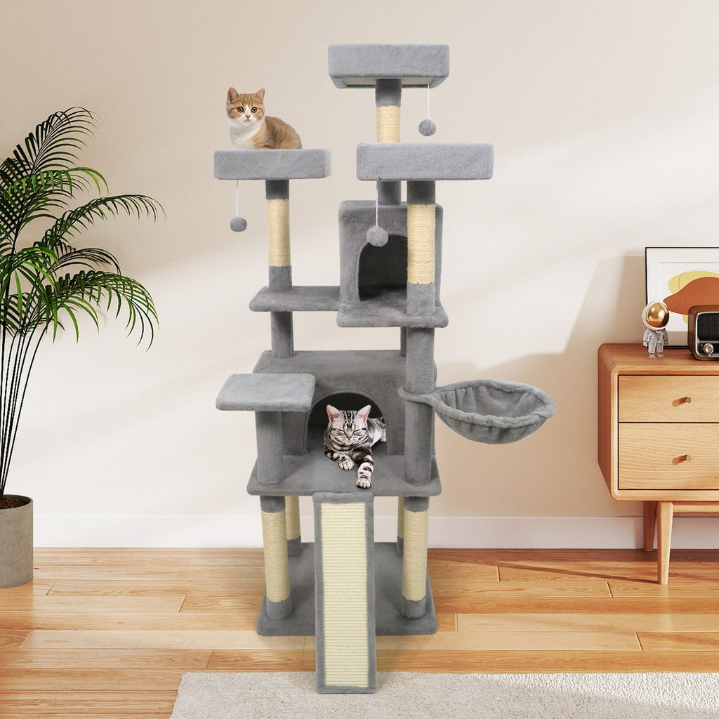 65 Inch Tall Multi-level Cat Tree with 3 Upholstered Perch and 2 Cat Condos