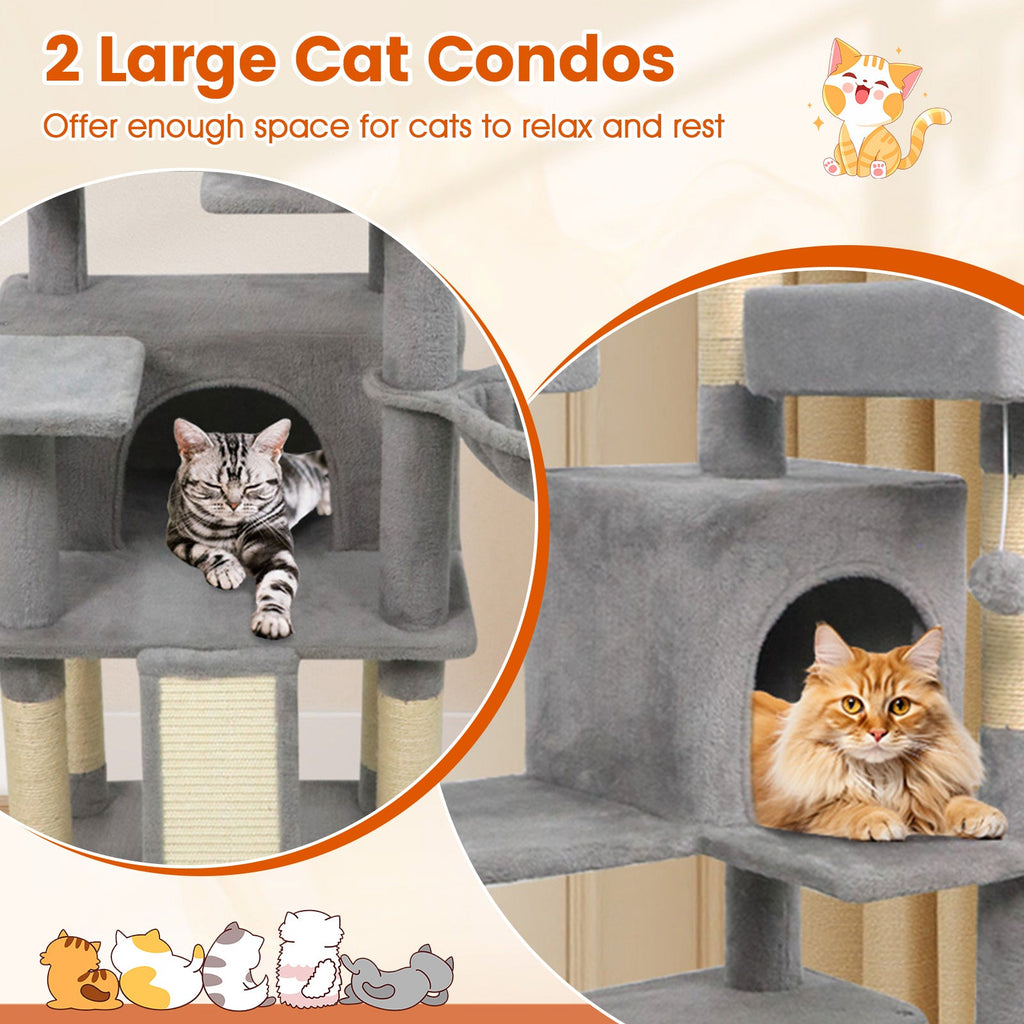 65 Inch Tall Multi-level Cat Tree with 3 Upholstered Perch and 2 Cat Condos