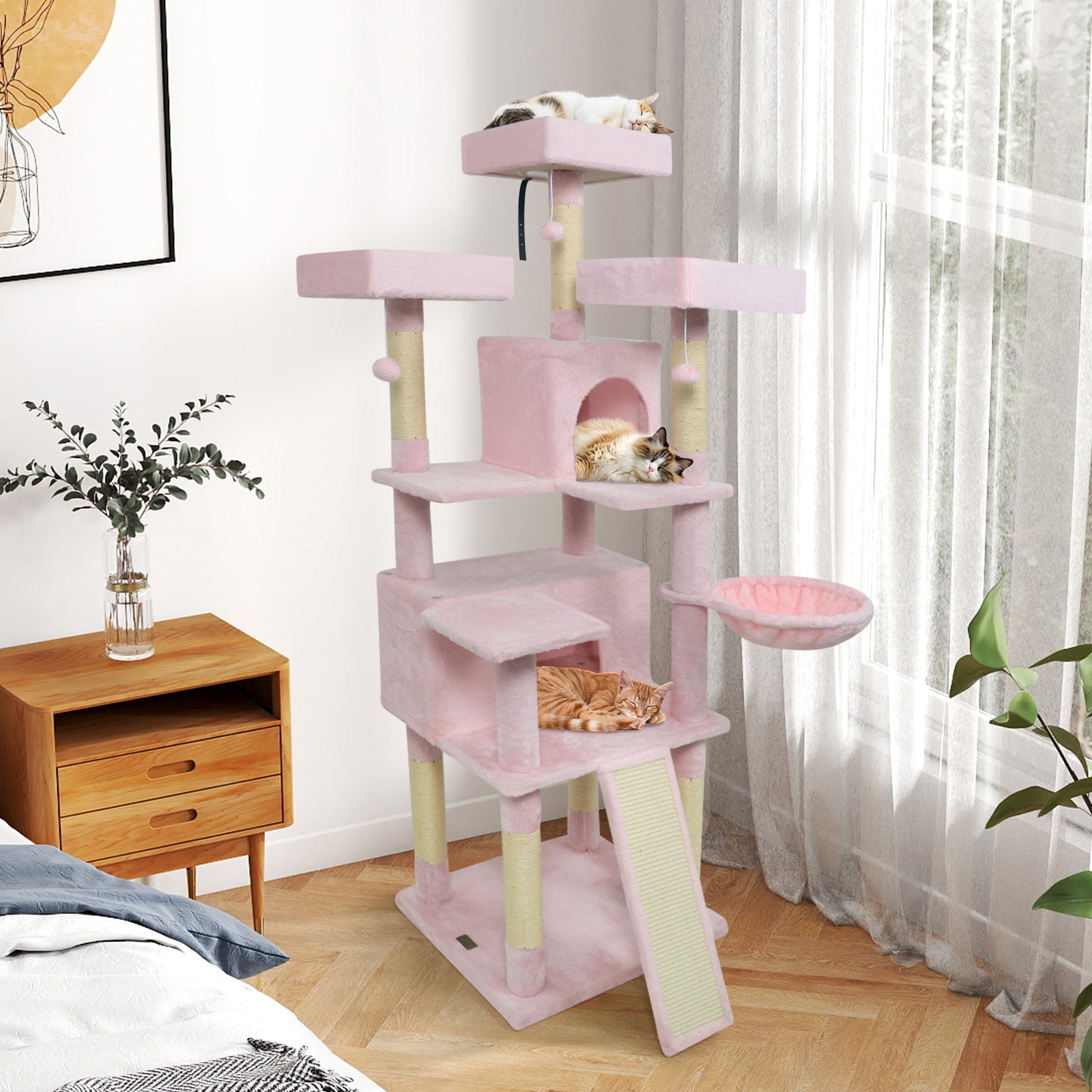 65 Inch Tall Multi-level Cat Tree with 3 Upholstered Perch and 2 Cat Condos