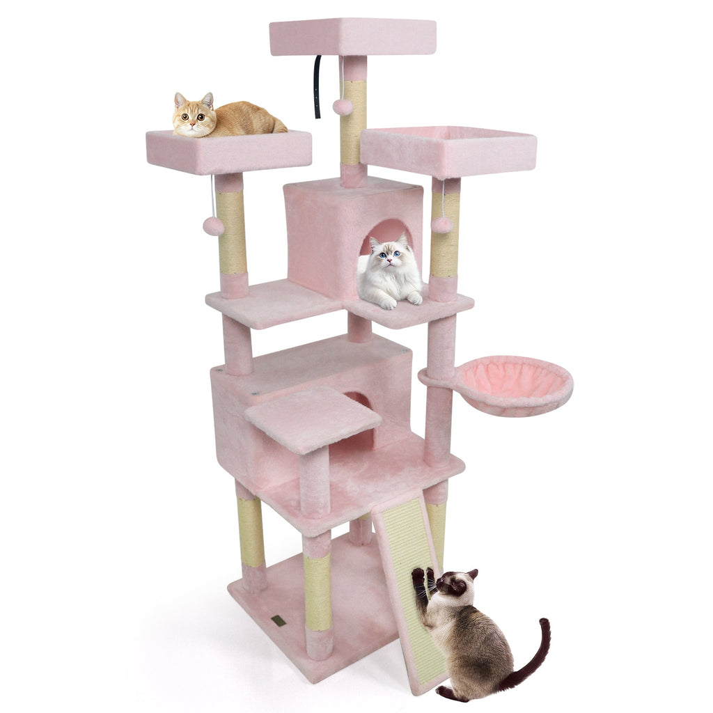 65 Inch Tall Multi-level Cat Tree with 3 Upholstered Perch and 2 Cat Condos Pink
