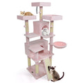 65 Inch Tall Multi-level Cat Tree with 3 Upholstered Perch and 2 Cat Condos Pink