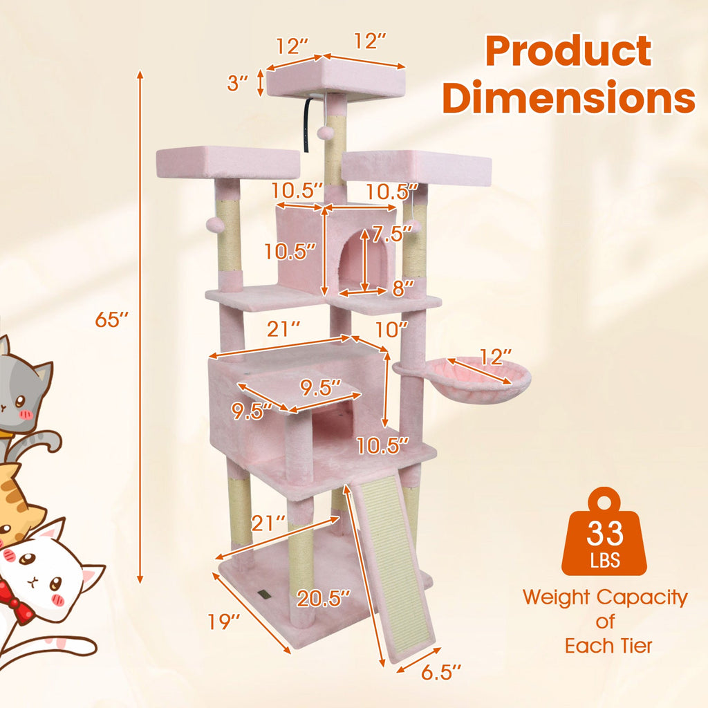 65 Inch Tall Multi-level Cat Tree with 3 Upholstered Perch and 2 Cat Condos