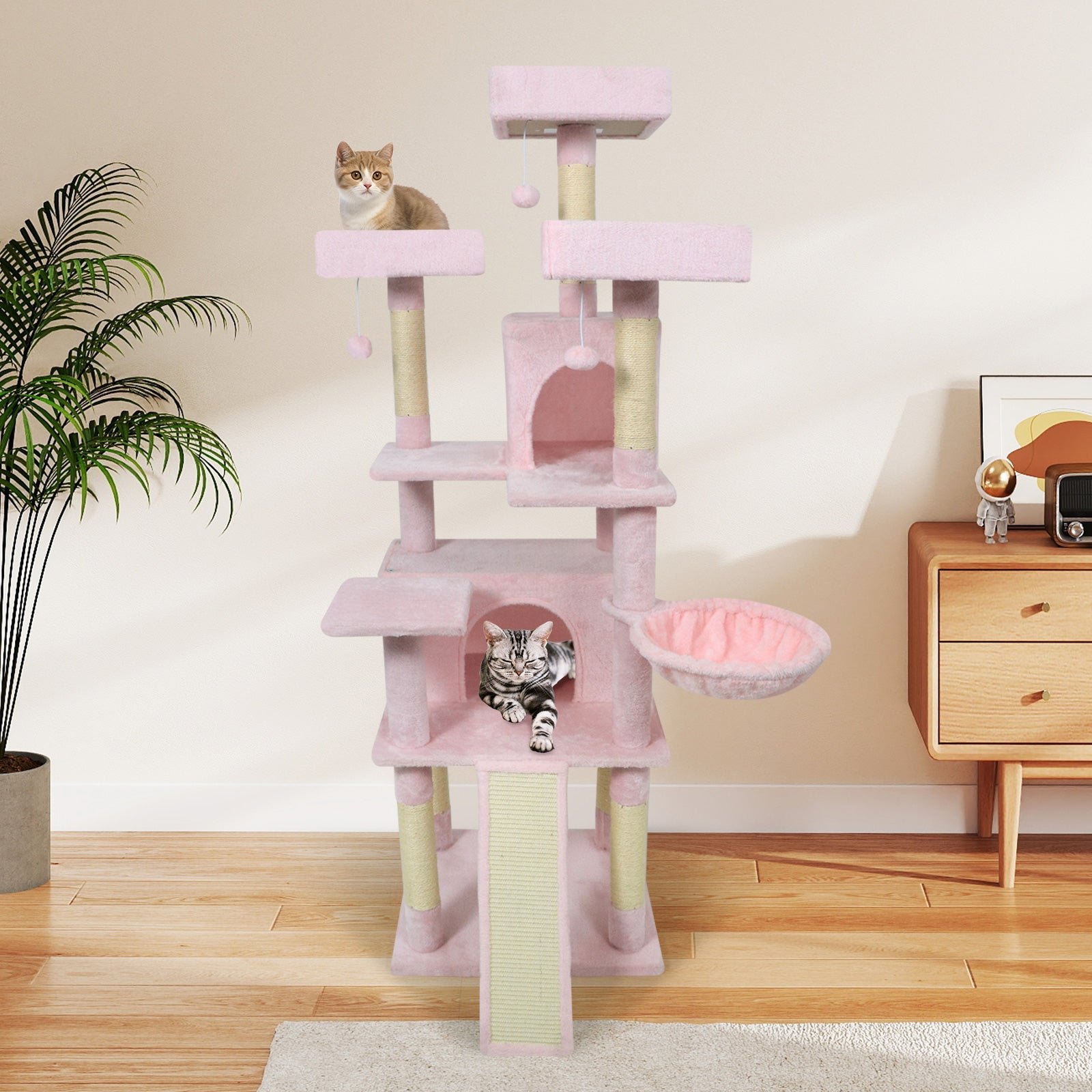 65 Inch Tall Multi-level Cat Tree with 3 Upholstered Perch and 2 Cat Condos