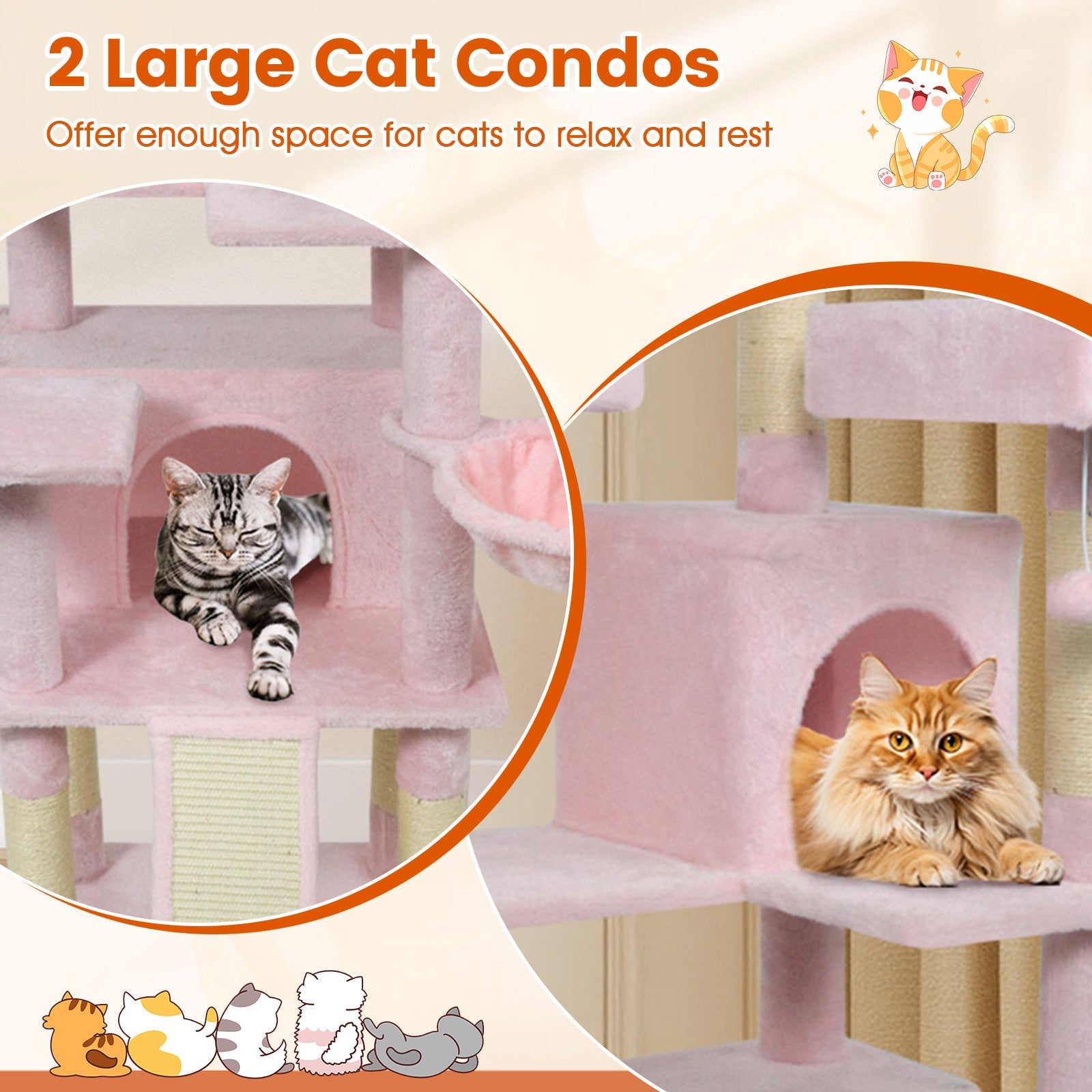 65 Inch Tall Multi-level Cat Tree with 3 Upholstered Perch and 2 Cat Condos