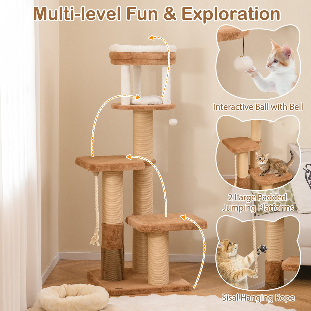 65 Inches Tall Cat Tree with Self-groomer and Removable Cat Bed-Coffee
