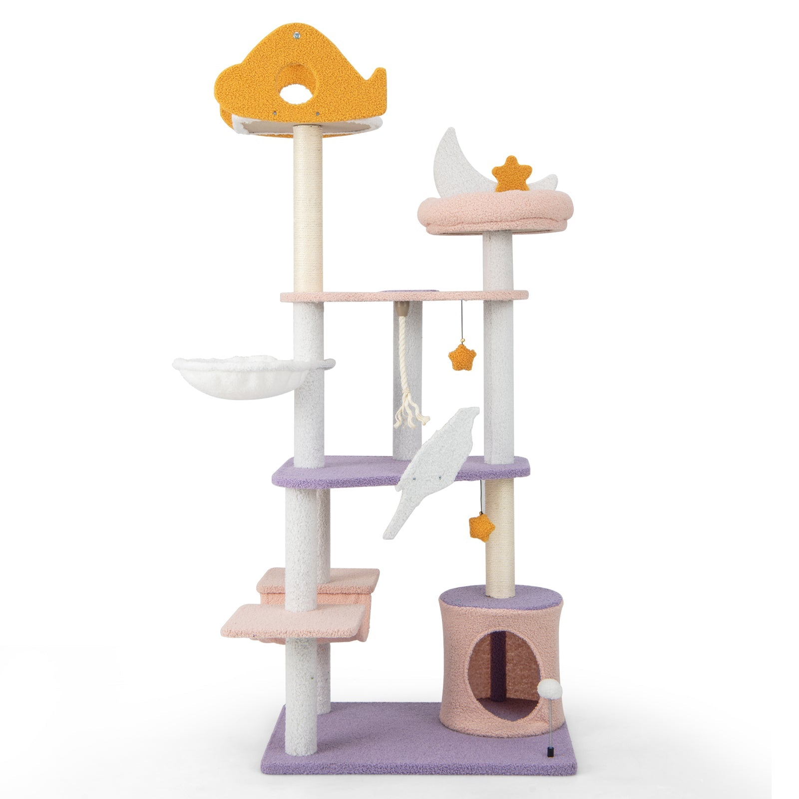 66 Inch Cute Cat Tree Cats Multi-level Tall Cat Tower with Sisal Covered Scratching Posts-Purple Default Title