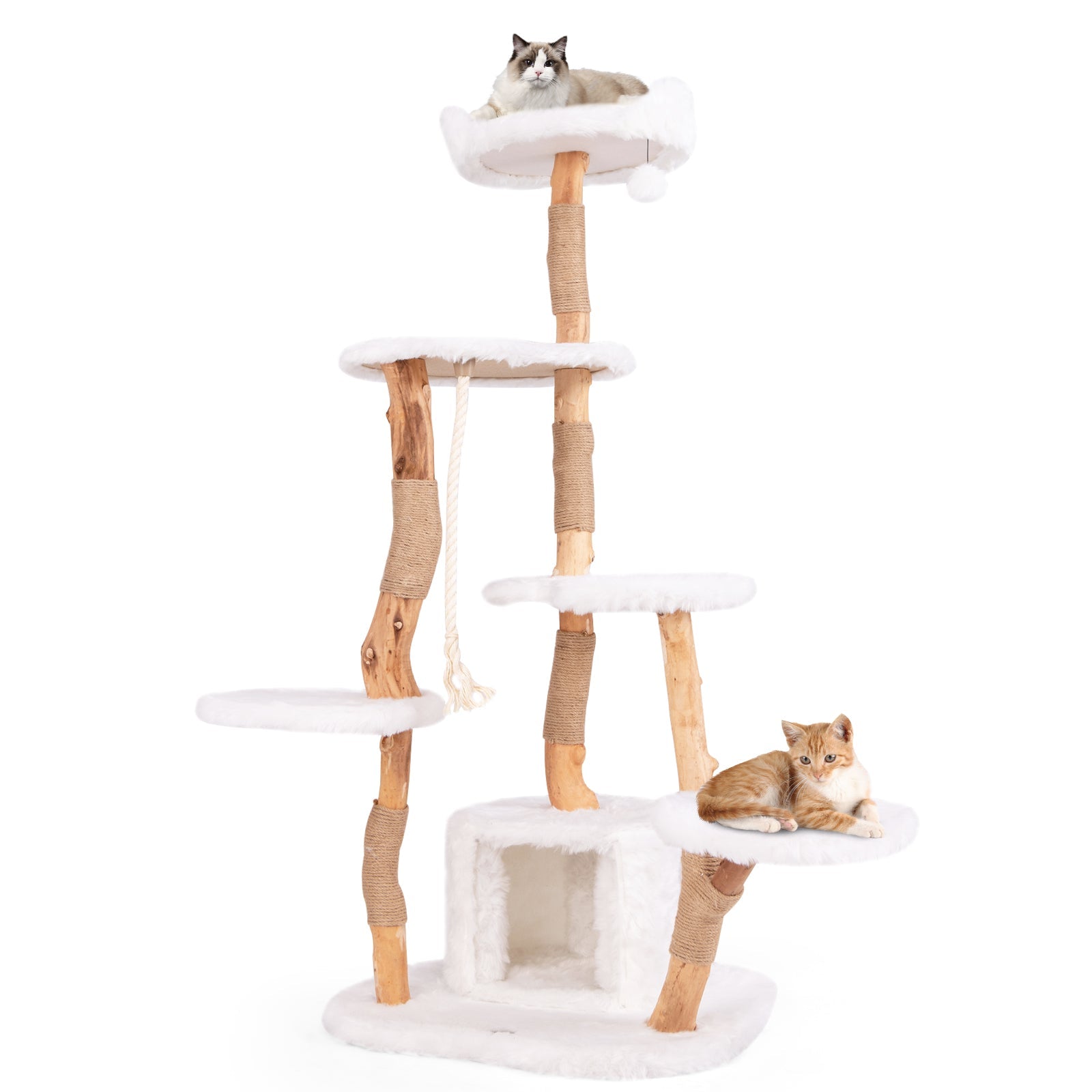 66 Inch Tall Solid Wood Cat Tree Modern Wooden Cat Tower with Perch-White Default Title