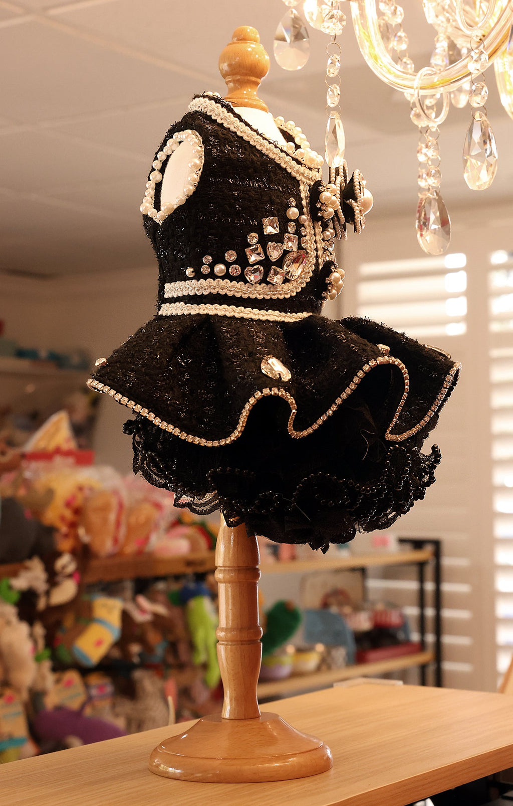 Black Tweed Pet Dress with Pearl Trim