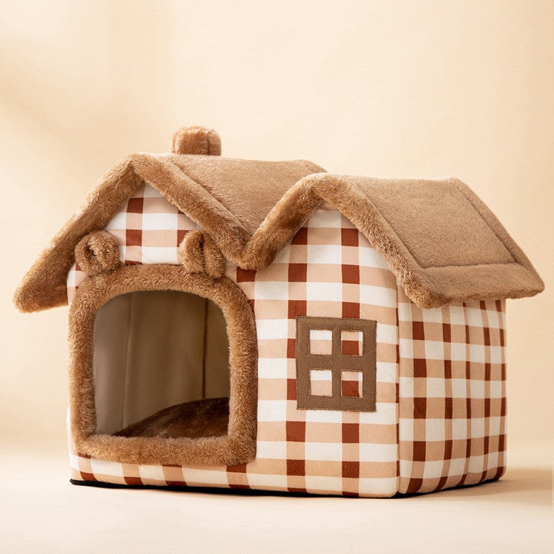 Foldable Dog House Pet Cat Bed Winter Dog Villa Sleep Kennel Removable Nest Warm Enclosed Cave Sofa Pets Supplies Double top lattice bear