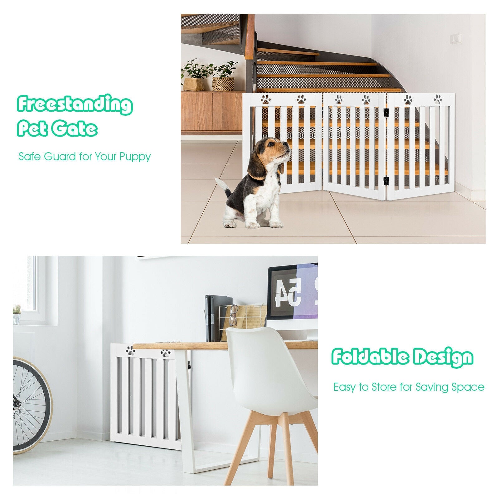 24 Inch Folding Wooden Freestanding Dog Gate with 360¬∞ Flexible Hinge for Pet