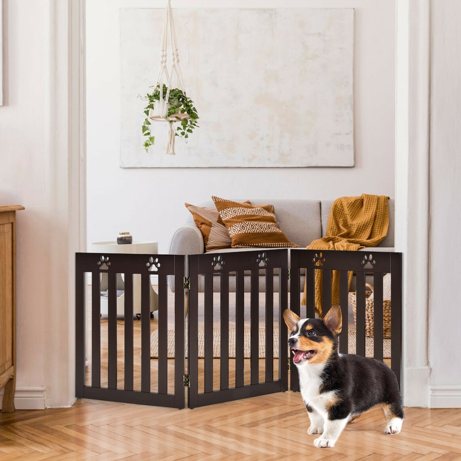 24 Inch Folding Wooden Freestanding Dog Gate with 360¬∞ Flexible Hinge for Pet