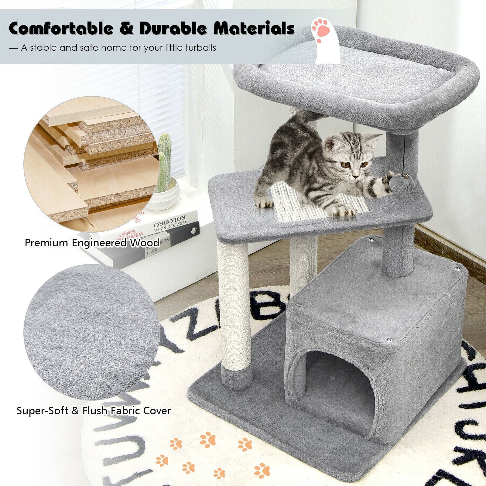 Cat Tree with Perch and Hanging Ball for Indoor Activity Play and Rest