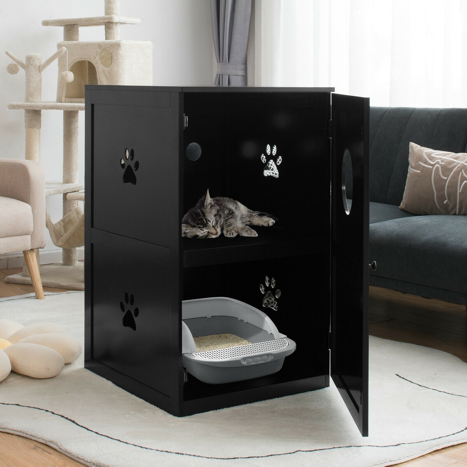 2-tier Litter Hidden Cat House With Anti-toppling Device