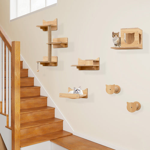 6 Pieces Cat Wall Furniture Set Kitten Wall Mounted Shelves-Natural