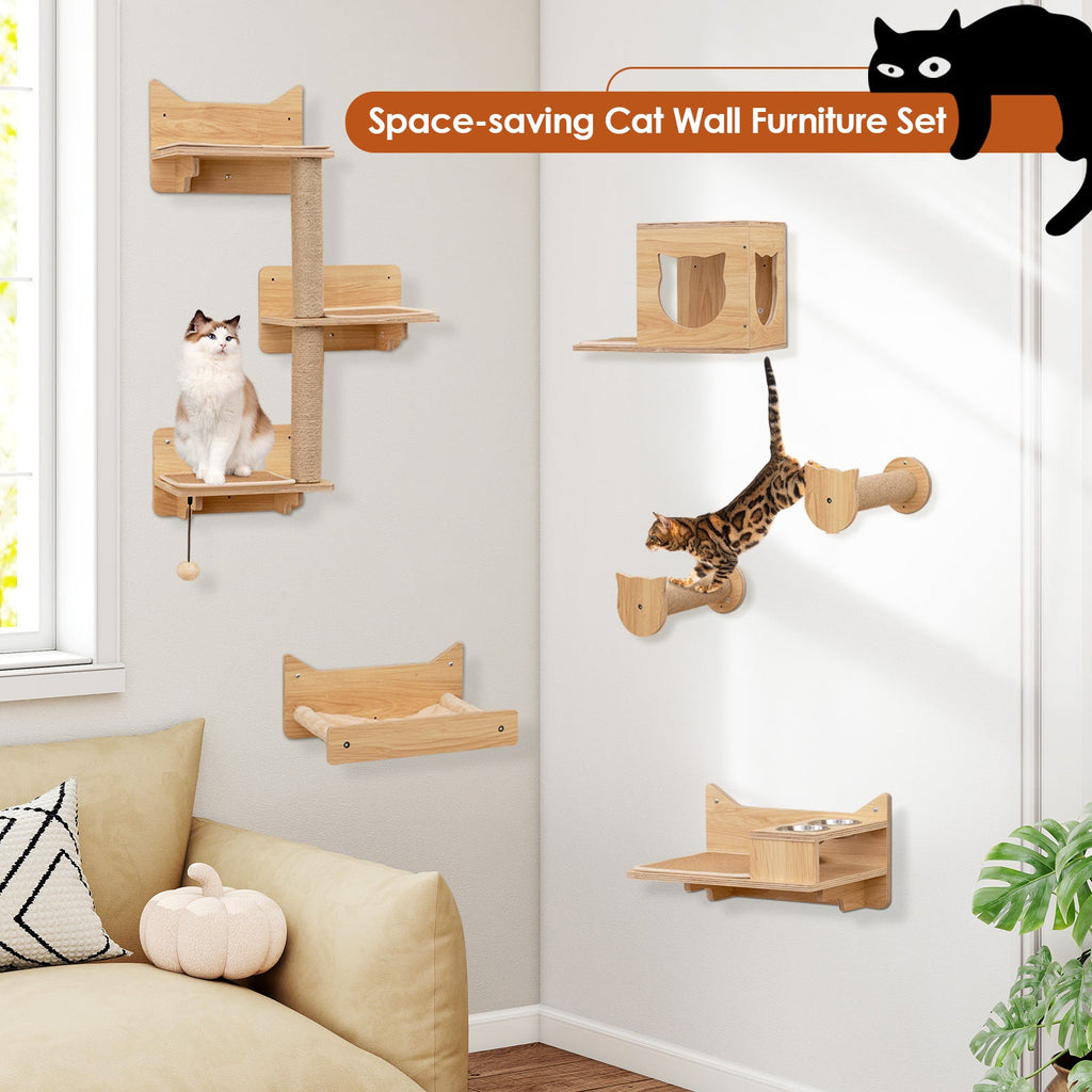 6 Pieces Cat Wall Furniture Set Kitten Wall Mounted Shelves-Natural
