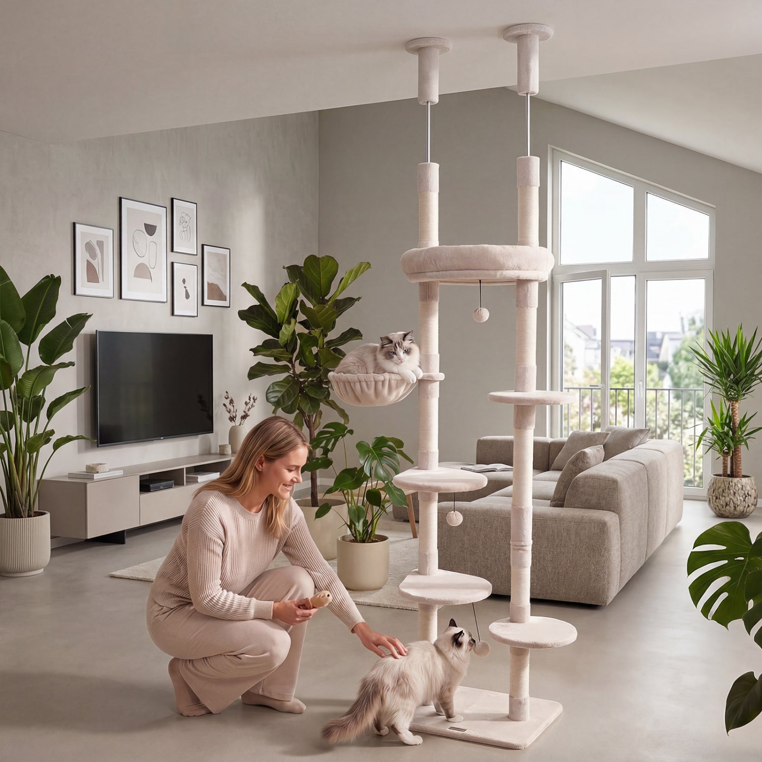 Floor-to-Ceiling Cat Tree with 6 Tiers and Hammock Beige
