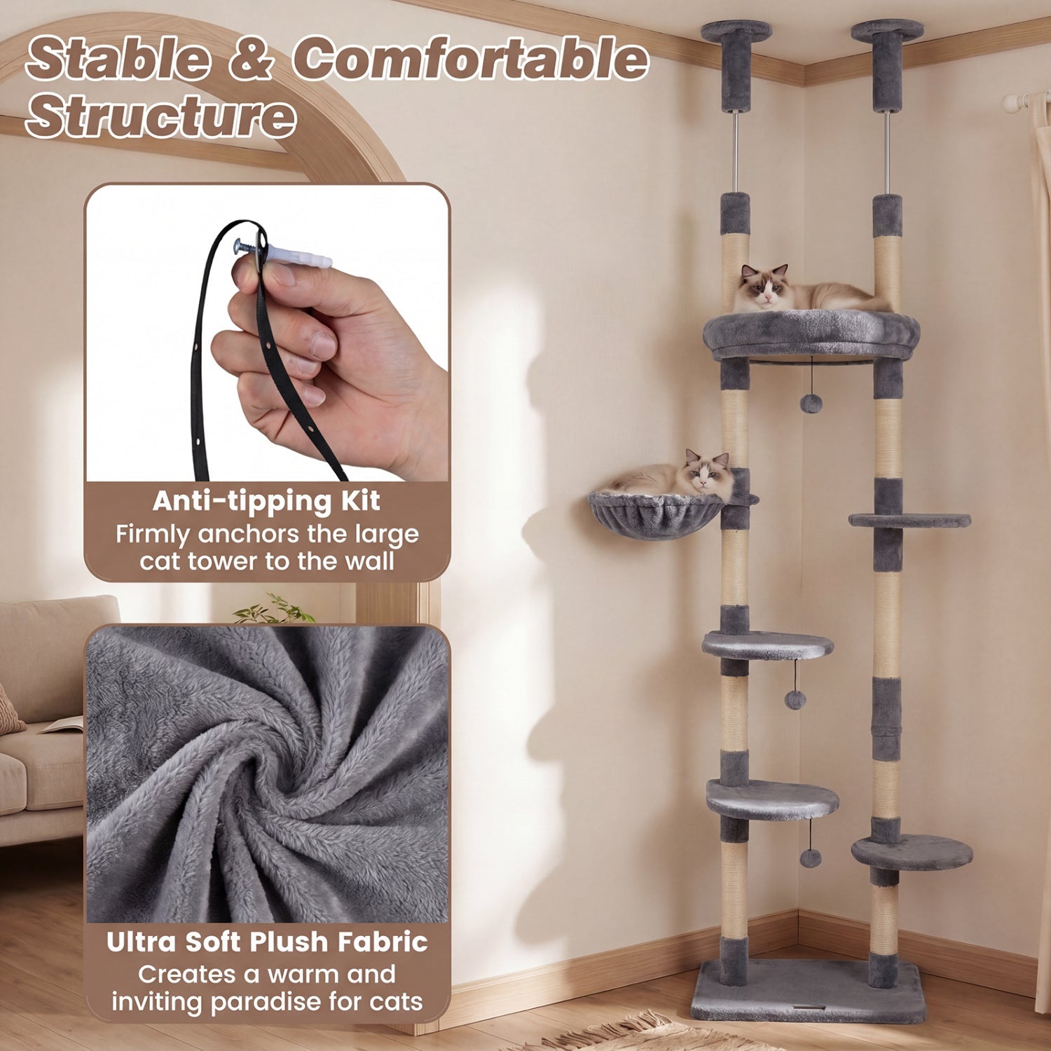 Floor-to-Ceiling Cat Tree with 6 Tiers and Hammock