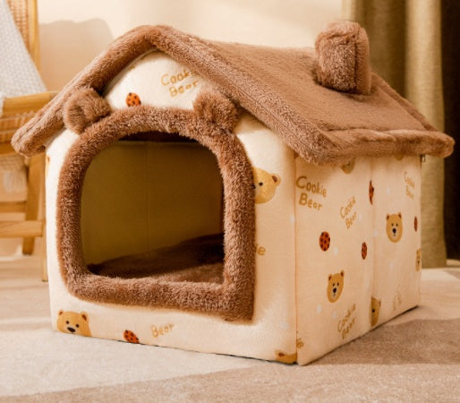 Foldable Dog House Pet Cat Bed Winter Dog Villa Sleep Kennel Removable Nest Warm Enclosed Cave Sofa Pets Supplies Brown bear