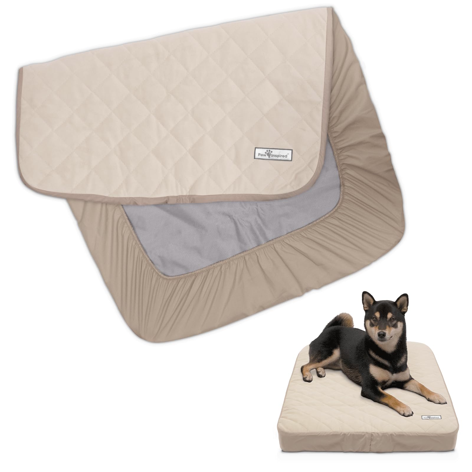 Paw Inspired Waterproof Fitted Cover for Dog Bed | Washable Bed Protector for Dog Mattress | Removable Replacement Cover for Small to Medium Pet Bed (Beige 34 x 23 x 5 Inch) Beige 34 x 23 x 5 Inch