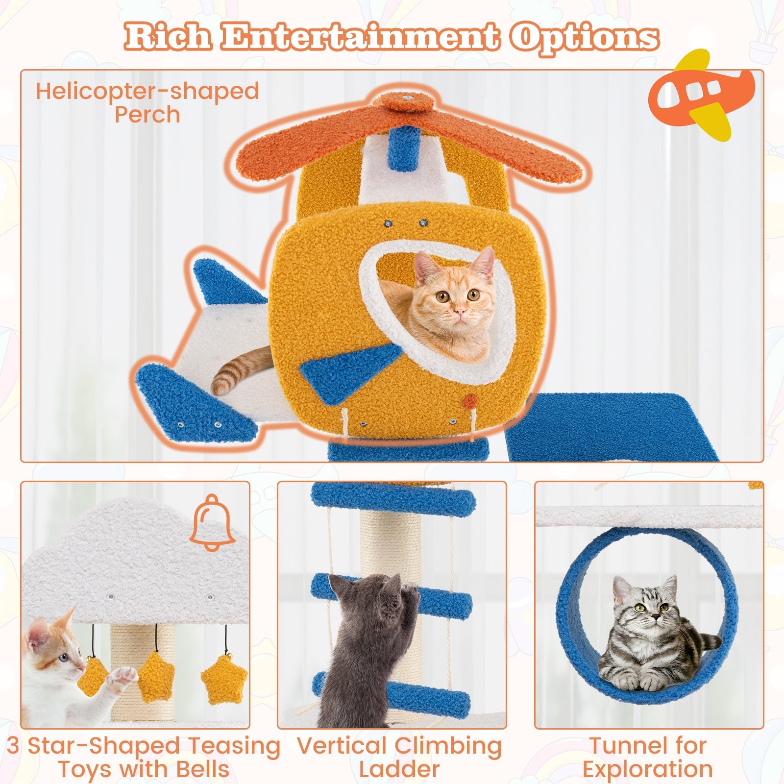 70 Inch Tall Aviation-themed Cat Tree with Helicopter Top Perch and Platforms-Yellow