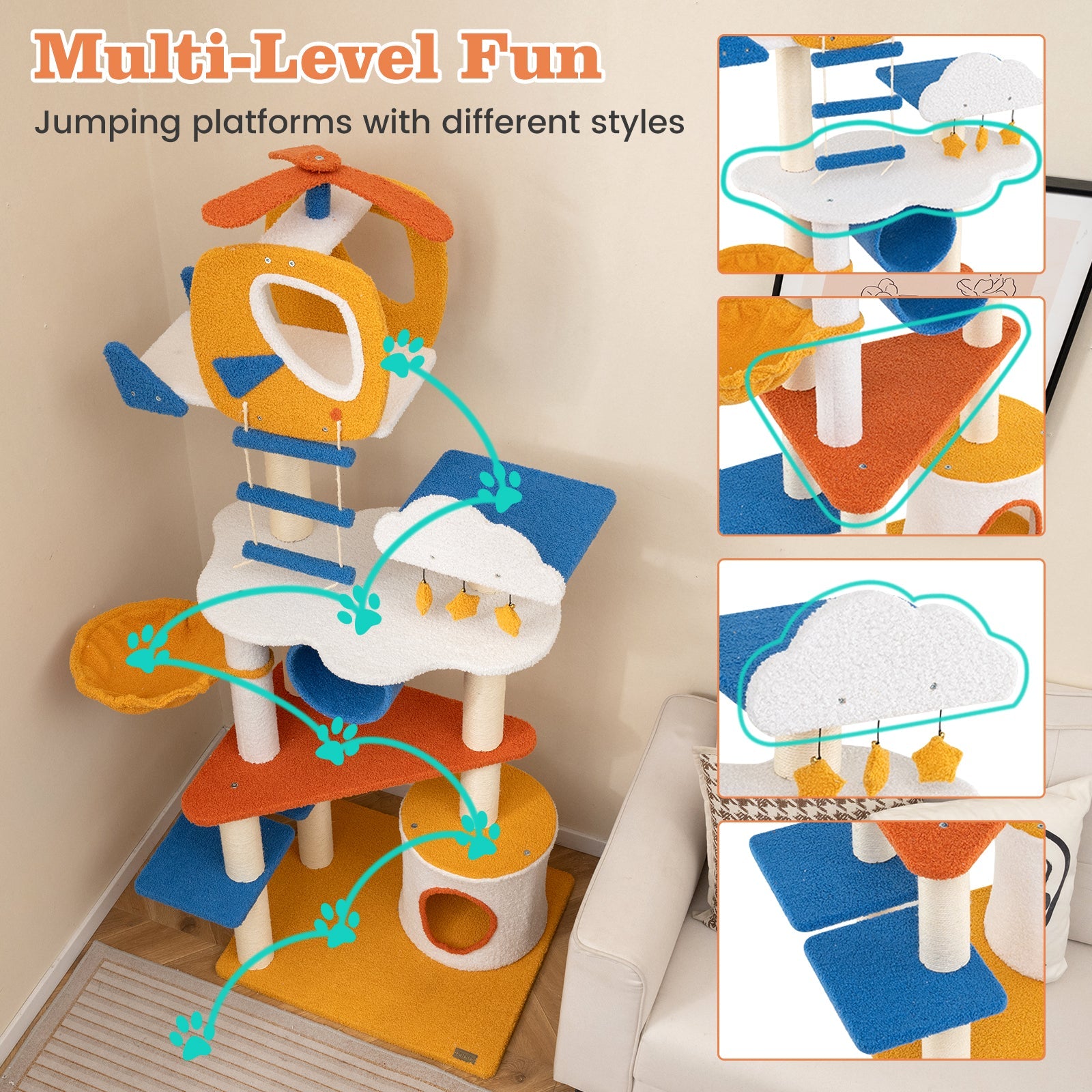 70 Inch Tall Aviation-themed Cat Tree with Helicopter Top Perch and Platforms-Yellow
