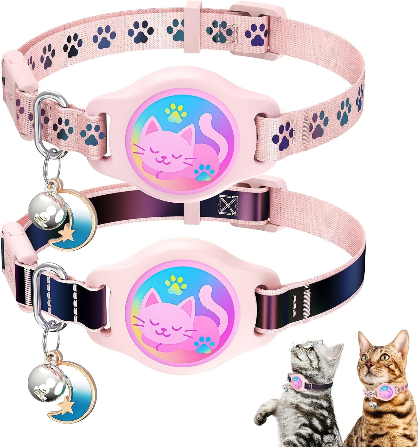 2-Pack AirTag Cat Collars with Breakaway Buckle, Reflective & Waterproof Pink