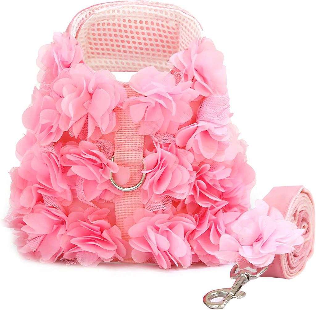 Boutique Floral Dog Harness and Leash Set – 3D Petal Puppy Vest Harness for Small Dogs & Cats Pink