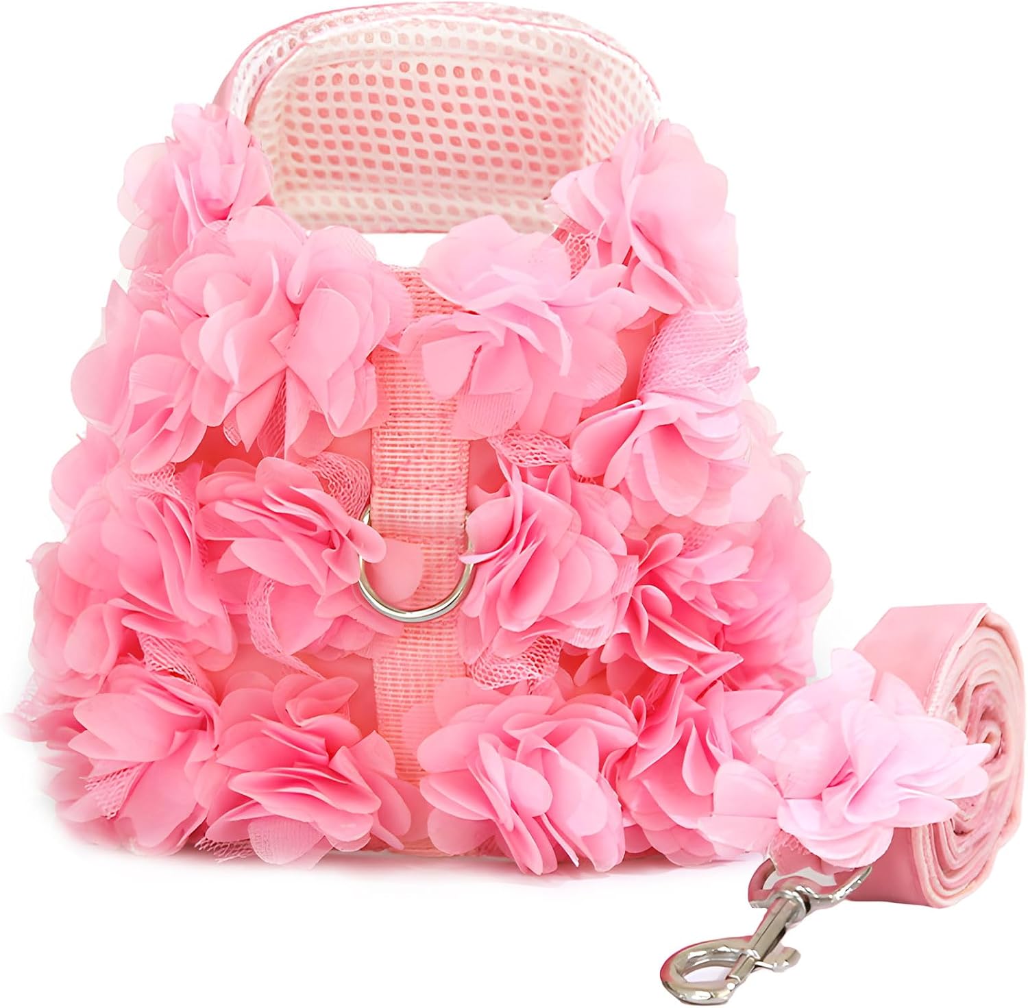 Boutique Floral Dog Harness and Leash Set – 3D Petal Puppy Vest Harness for Small Dogs & Cats Pink