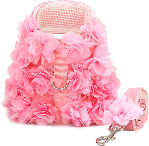 Boutique Floral Dog Harness and Leash Set – 3D Petal Puppy Vest Harness for Small Dogs & Cats Pink