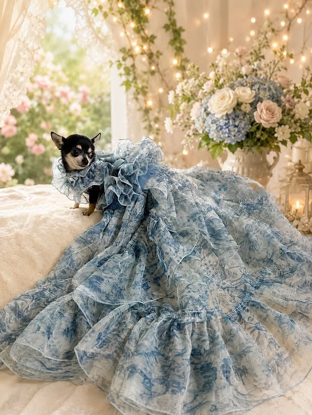 Blue Floral Pet Wedding Dress with Detachable Train